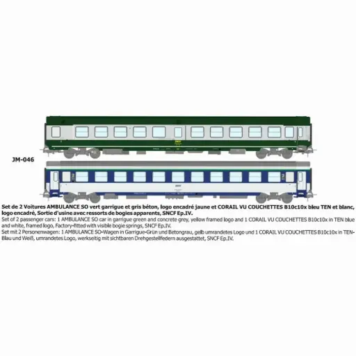 [REJM046] Set de 2 voitures (AMBULANCE et CORAIL B10c10x) vert/gris logo encadré jaune - Ree Modèles JM046 - HO 1/87 - SNCF - Ep IV - 2R