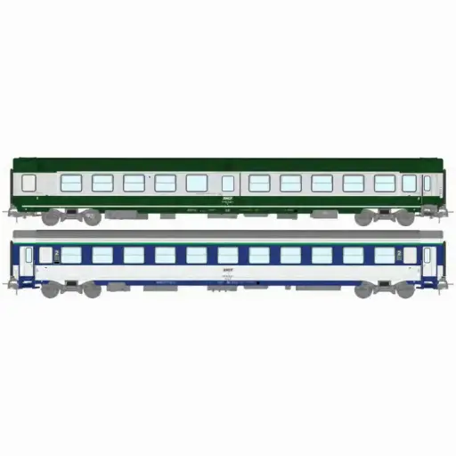 [REJM048] Set de 2 voitures ambulance et corail B10c10x vert/gris logo encadré blanc - Ree Modèles JM048 - HO 1/87 - SNCF - Ep IV-V - 2R