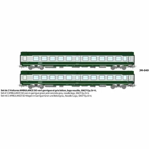 [REJM049] Set de 2 voitures « Ambulance SO » vert garrigue et gris béton avec logo nouille - Ree Modèles JM049 - HO 1/87 - SNCF - Ep IV-V - 2R