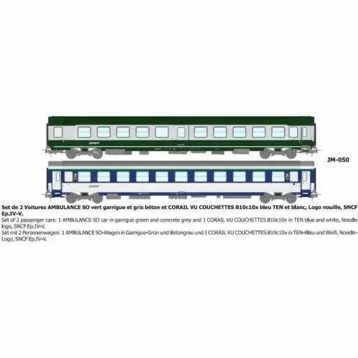 [REJM050] Set de 2 voitures « Ambulance SO » vert garrigue et gris béton et Corail (B10c10x) bleu TEN et blanc - Ree Modèles JM050 - HO 1/87 - SNCF - Ep IV-V - 2R