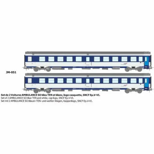 [REJM051] Set de 2 voitures « Ambulance SO » bleu TEN et blanc, logo casquette - Ree Modèles JM051 - HO 1/87 - SNCF - Ep V-VI - 2R