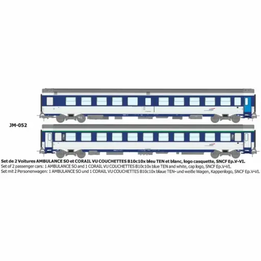 [REJM052] Set de 2 voitures « Ambulance SO » et Corail (B10c10x) bleu TEN et blanc avec logo casquette - Ree Modèles JM052 - HO 1/87 - SNCF - Ep V-VI - 2R