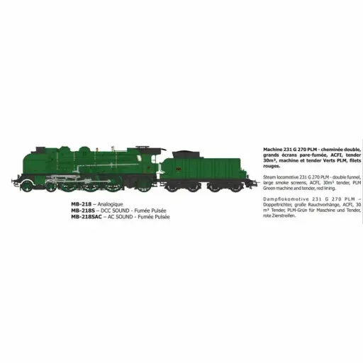 [REMB218SAC] Locomotive à vapeur 231 G 270 - Ree Modèles MB218SAC - HO 1/87 - PLM - Ep III - Digital sound fumigène - 3R