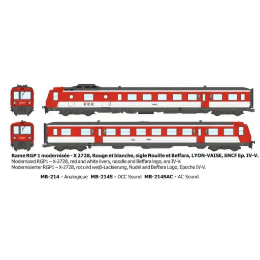 [REMB214SAC] Autorail diesel RGP 1 modernisé X-2728, rouge et blanc, Lyon-Vaise, logo nouille et Beffara - Ree Modèles MB214SAC - HO 1/87 - SNCF - Ep IV-V - Digital sound - 3R