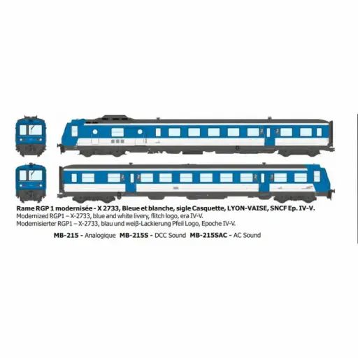 [REMB215SAC] Autorail diesel RGP 1 modernisé X-2733, bleu et blanc, Lyon-Vaise, logo casquette - Ree Modèles MB215SAC - HO 1/87 - SNCF - Ep IV-V - Digital sound - 3R