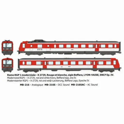 [REMB216S] Autorail diesel RGP 1 modernisé X-2729, rouge et blanc, Lyon-Vaise, logo Beffara - Ree Modèles MB216S - HO 1/87 - SNCF - Ep IV - Digital sound - 2R
