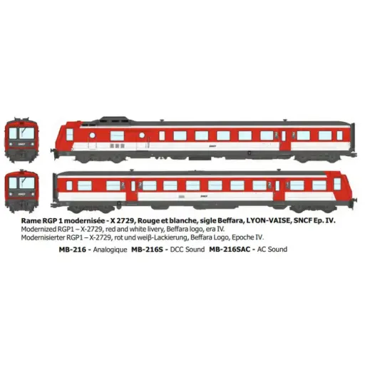 [REMB216SAC] Autorail diesel RGP 1 modernisé X-2729, rouge et blanc, Lyon-Vaise, logo Beffara - Ree Modèles MB216SAC - HO 1/87 - SNCF - Ep IV - Digital sound - 3R 