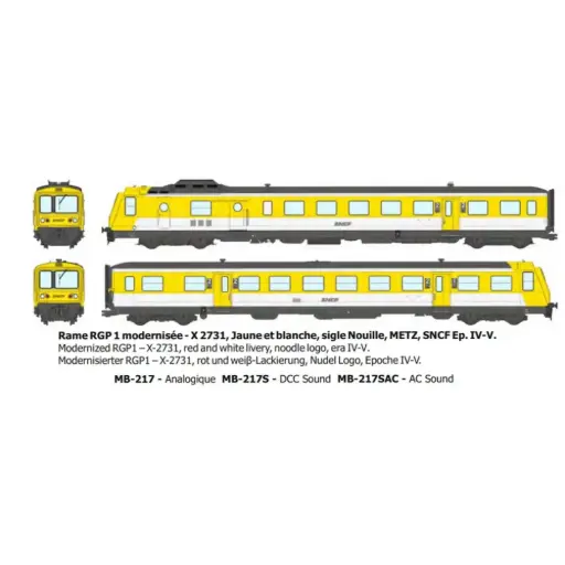 [REMB217] Autorail diesel RGP 1 modernisé X-2731, jaune et blanc, Metz, logo nouille - Ree Modèles MB217 - HO 1/87 - SNCF - Ep IV-V - Analogique - 2R