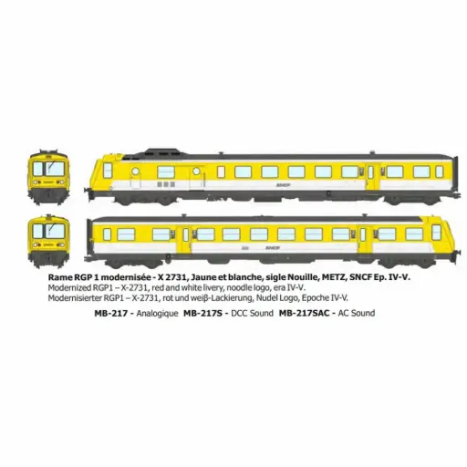 [REMB217SAC] Autorail diesel RGP 1 modernisé X-2731, jaune et blanc, Metz, logo nouille - Ree Modèles MB217SAC - HO 1/87 - SNCF - Ep IV-V - Digital sound - 3R