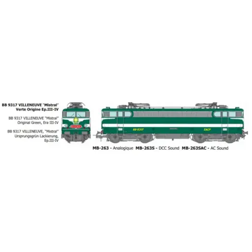 [REMB263] Locomotive électrique BB 9317, livrée verte, dépôt de Villeneuve avec plaque « Mistral » - Ree Modèles MB263 - HO 1/87 - SNCF - Ep III-IV - Analogique - 2R