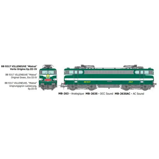 [REMB263S] Locomotive électrique BB 9317, livrée verte, dépôt de Villeneuve avec plaque « Mistral » - Ree Modèles MB263S - HO 1/87 - SNCF - Ep III-IV - Digital sound - 2R