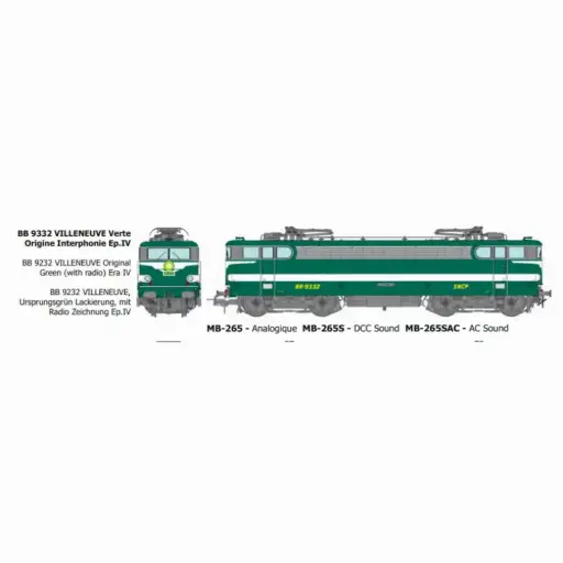 [REMB265] Locomotive électrique BB 9332, livrée verte origine Interphonie, dépôt de Villeneuve - Ree Modèles MB265 - HO 1/87 - SNCF - Ep IV - Analogique - 2R