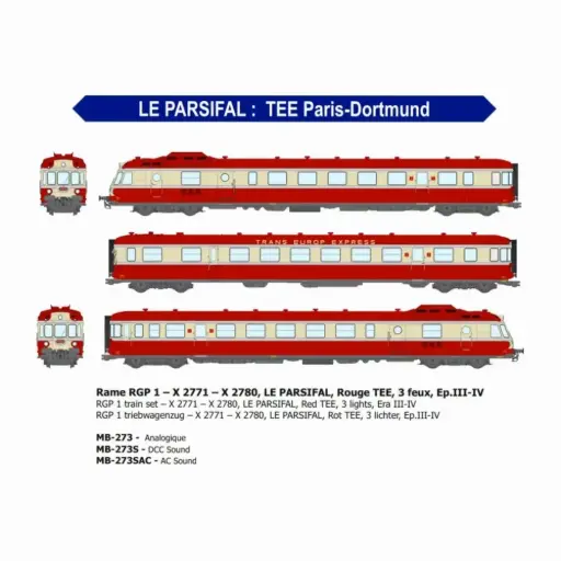 [REMB273] Le PARSIFAL TEE Paris-Dortmund rame diesel RGP 1, 3 éléments X-2771 / X-2780, rouge, 3 feux - Ree Modèles MB273 - HO 1/87 - SNCF - Ep III-IV - Analogique - 2R