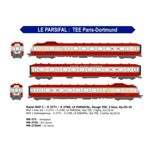 [REMB273S] Le PARSIFAL TEE Paris-Dortmund rame diesel RGP 1, 3 éléments X-2771 / X-2780, rouge, 3 feux - Ree Modèles MB273S - HO 1/87 - SNCF - Ep III-IV - Digital sound - 2R