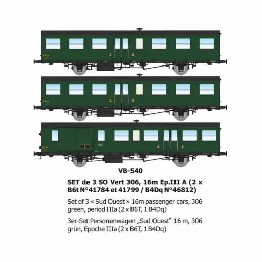 [REVB540] Set de 3 voitures voyageurs SO Vert 306, 16m, (2 x B6t N°41784 & 41799 / B4Dq N°46812) - Ree Modèles VB540 - HO 1/87 - SNCF - Ep IIIa - 2R