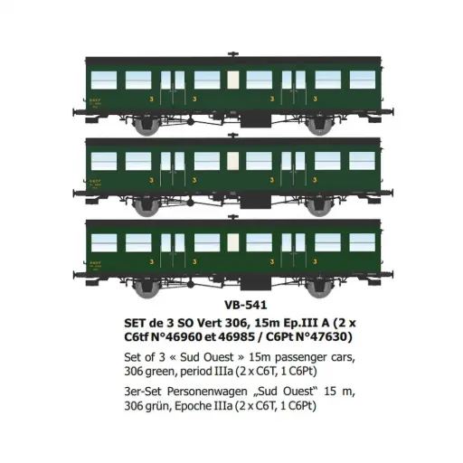 [REVB541] Set de 3 voitures voyageurs SO Vert 306, 15m, (2 x C6tf N°46960 et 46985 / C6Pt N°47630) - Ree Modèles VB541 - HO 1/87 - SNCF - Ep IIIa - 2R