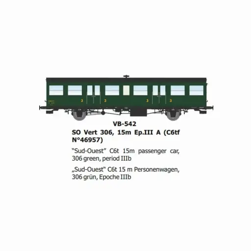 [REVB542] Voiture voyageurs SO Vert 306, 15m, (C6tf N°46957) - Ree Modèles VB542 - HO 1/87 - SNCF - Ep IIIa - 2R