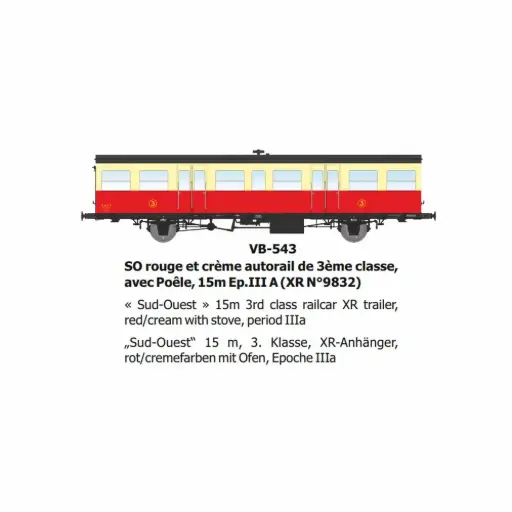 [REVB543] Remorque d'autorail XR N°9832 SO rouge et crème autorail, 3e classe, avec poêle, 15m - Ree Modèles VB543 - HO 1/87 - SNCF - Ep IIIa - 2R