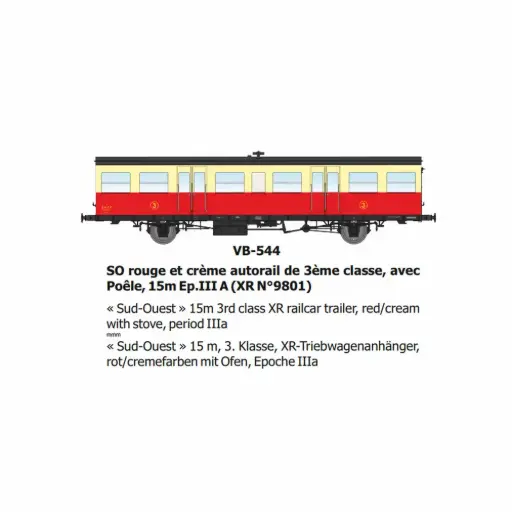 [REVB544] Remorque d'autorail XR N°9801 SO rouge et crème autorail, 3e classe, avec poêle, 15m - Ree Modèles VB544 - HO 1/87 - SNCF - Ep IIIa - 2R
