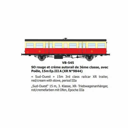 [REVB545] Remorque d'autorail XR N°9844 SO rouge et crème autorail, 3e classe, avec poêle, 15m - Ree Modèles VB545 - HO 1/87 - SNCF - Ep IIIa - 2R