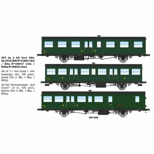 [REVB546] Set de 3 remorques d'autorail SO vert 306, 2e classe, B6t N°41844 16m / B6q N°46957 15m / B4Dq N°46826 16m - Ree Modèles VB546 - HO 1/87 - SNCF - Ep IIIb - 2R
