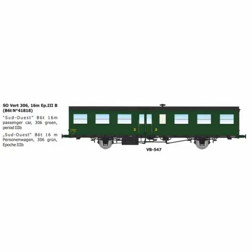 [REVB547] Remorque d'autorail SO vert 306, 2e classe, B6t N°41818 16m - Ree Modèles VB547 - HO 1/87 - SNCF - Ep IIIb - 2R