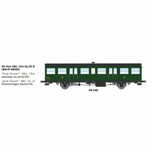 [REVB548] Remorque d'autorail SO vert 306, 2e classe, B6t N°46958 15m - Ree Modèles VB548 - HO 1/87 - SNCF - Ep IIIb - 2R
