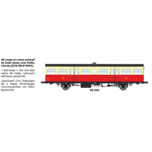 [REVB549] Remorque d'autorail XR N°9992 SO rouge et crème autorail, 2e classe, avec poêle, 15m - Ree Modèles VB549 - HO 1/87 - SNCF - Ep IIIb - 2R