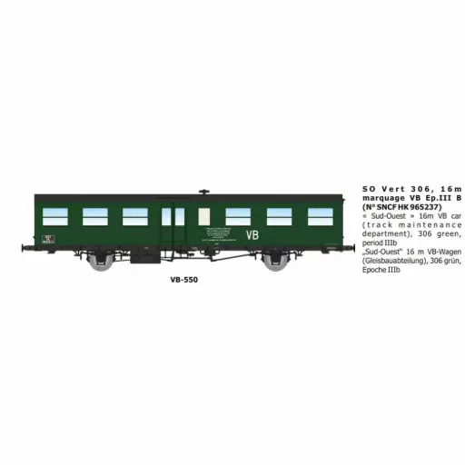 [REVB550] Voiture voyageurs Sud Ouest verte 306, 16m, marquage VB, N° SNCF HK 965237 - Ree Modèles VB550 - HO 1/87 - SNCF - Ep IIIb - 2R