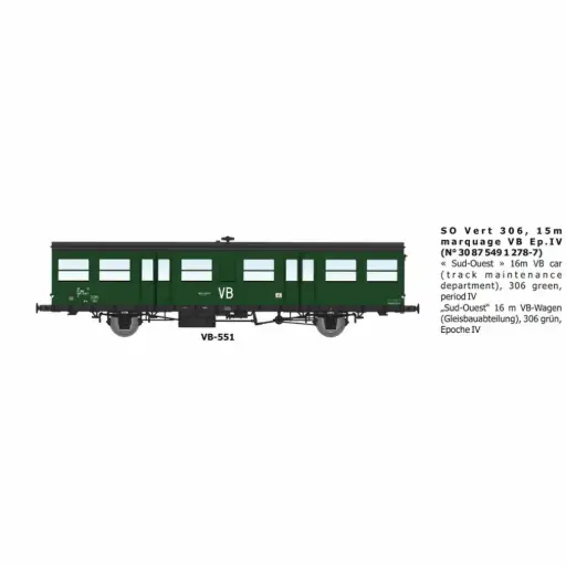 [REVB551] Voiture voyageurs Sud Ouest verte 306, 15m, marquage VB, n°30 87 549 1 278-7 - Ree Modèles VB551 - HO 1/87 - SNCF - Ep IV - 2R