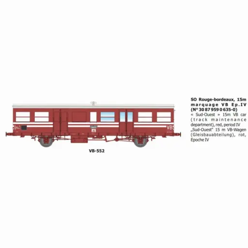 [REVB552] Voiture voyageurs Sud Ouest rouge-bordeaux, 15m, marquage VB, n°30 87 959 0 635-0 - Ree Modèles VB552 - HO 1/87 - SNCF - Ep IV - 2R