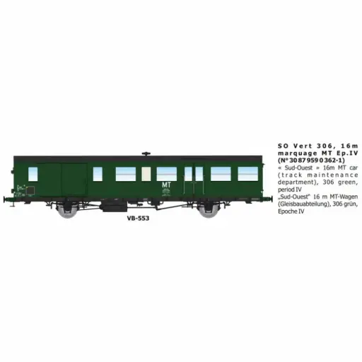 [REVB553] Voiture voyageurs Sud Ouest vert 306, 16m, marquage MT, n°30 87 959 0 362-1 - Ree Modèles VB553 - HO 1/87 - SNCF - Ep IV - 2R