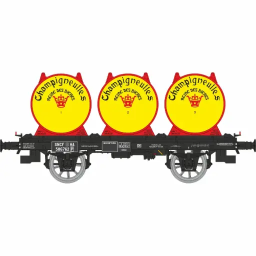 [REWB990] Wagon plat OCEM 19 + 3 conteneurs citerne à bière « CHAMPIGNEULLES » - Ree Modèles WB990 - HO 1/87 - SNCF - Ep III - 2R