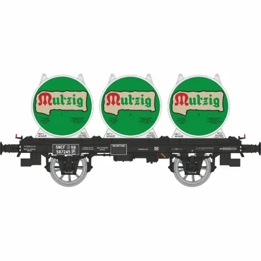 [REWB994] Wagon plat OCEM 19 + 3 conteneurs citerne à bière « MUTZIG » - Ree Modèles WB994 - HO 1/87 - SNCF - Ep III - 2R