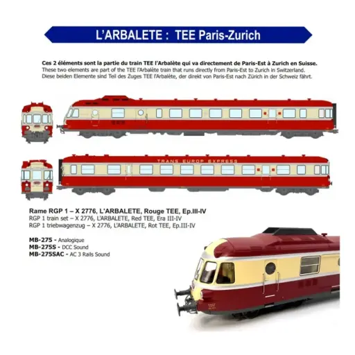 [REMB275SAC] L'ARBALÈTE TEE Paris-Zurich rame diesel RGP 1, 2 éléments X-2776, rouge - Ree Modèles MB275SAC - HO 1/87 - SNCF - Ep III-IV - Digital sound - 3R