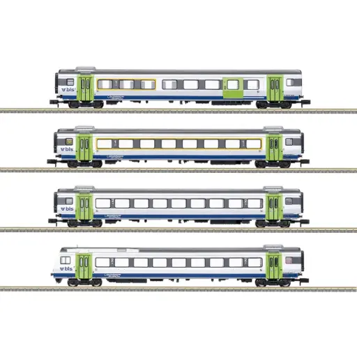 [TR18293] Coffret de 4 voitures voyageurs express « GOLDEN PASS LINE » - Minitrix 18293 - N 1/160 - BLS - Ep VI - 2R