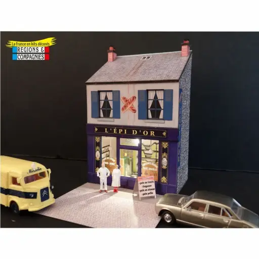[REFAC036] Mini-façade avec boulangerie + couple de boulangers - Régions et compagnies FAC036 - HO 1/87