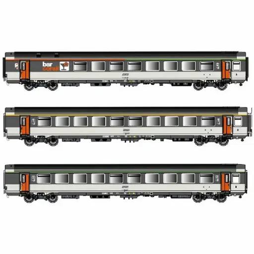 [LS41996] Set de 3 voitures Corail VTU B5rtux A10tu B11tu avec bar, livrée d’origine, logo encadré - LS Models 41996 - HO 1/87 - SNCF - Ep IV - 2R