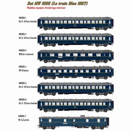[MW1005] Set de 7 voitures « Le Train Bleu » 1957 - Models World 1005 - HO 1/87 - CIWL - Ep III - 2R
