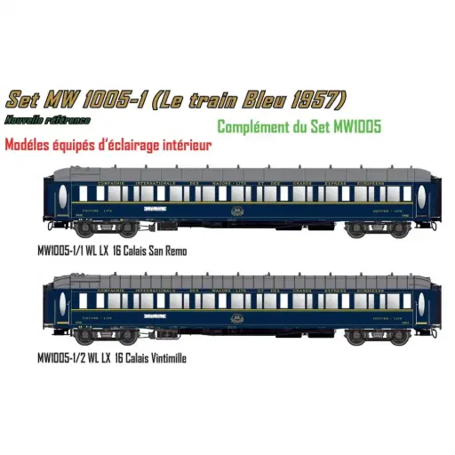 [MW1005-1] Set complémentaire de 2 voitures éclairées du Train Bleu 1957 - Models World 1005-1 - HO 1/87 - CIWL - Ep III - 2R