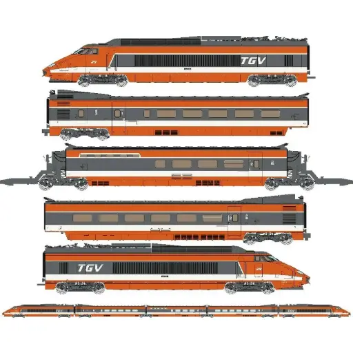 [RETGV001S] TGV PSE Rame Origine N°29 suspension à ressort (Coffret 5 éléments : Motrices + Remorques R1 + R8 + R4 Bar) - Ree Modèles TGV001S - HO 1/87 - SNCF - Ep IV - Digital sound - 2R