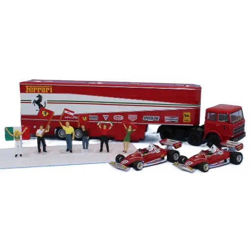 [BR58575] Semi remorque Fiat 691 T, avec 2 Ferrari 312 T2 F1 et 5 figurines, écurie Ferrari F1 1977 - Brekina 58575 - HO 1/87