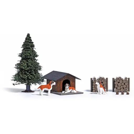 [BU1198] Lot de trois chiens Saint Bernard et leur niche - BUSCH 1198 - HO 1/87