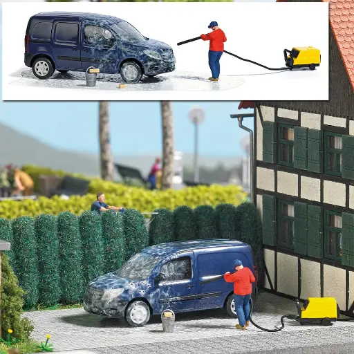 [BU7825] Lot "Lavage de voiture au karcher avec un homme BUSCH 7825 - HO : 1/87