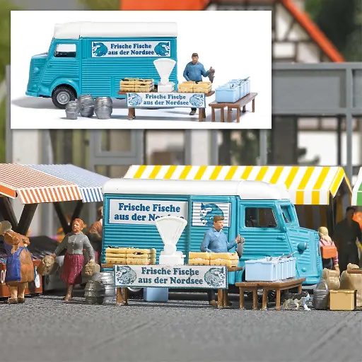[BU7990] Scénette Poissonnier | Vendeur voiture & étale BUSCH 7990 HO 1/87
