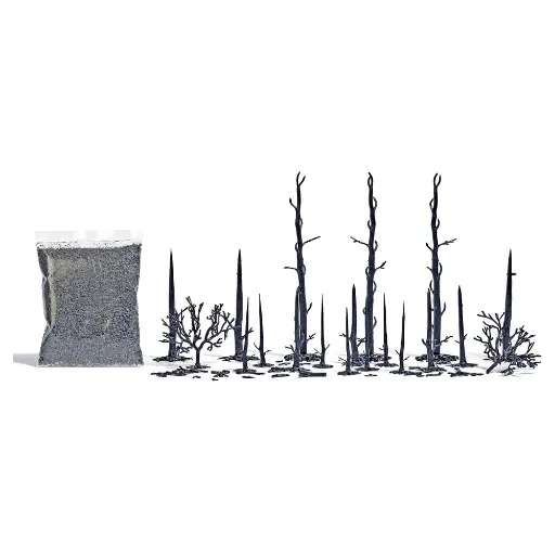 [BU1854] Lot de 17 arbres calcinés, 2 buissons & cendres BUSCH 1854 - HO 1/87 -