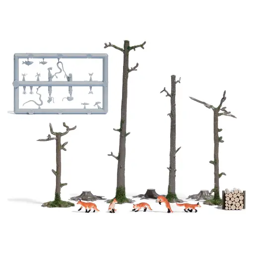 [BU7988] Scénette | 5 Renards en forêt, avec troncs & racines BUSCH 7988 HO 1/87