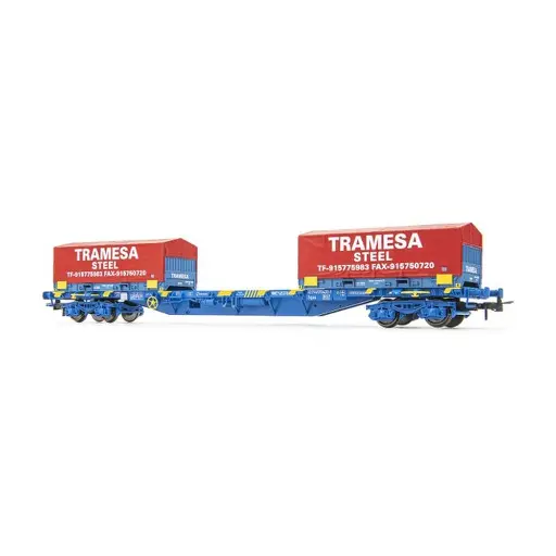 [ELHE6064] Wagon plat porte-conteneurs MMC3, chargé de 2 conteneurs à bobines de 20' "TRAMESA", livrée bleue - Électrotren HE6064 - HO 1/87 - RENFE - Ep VI - 2R