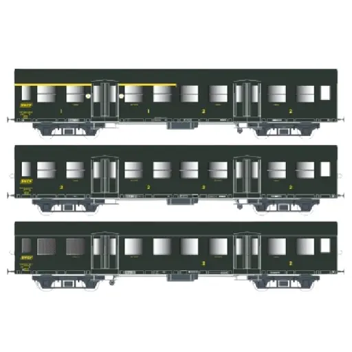 [EP41.33.05] Set de 3 Voitures Romilly - A5B4TZ+B91/2T+B7DT - Vert + Chassis Gris - Eclairage Intérieur - Logo Jaune Encadré - SNCF - EP. IV - EPM 41.33.05 - 2R - HO : 1/87