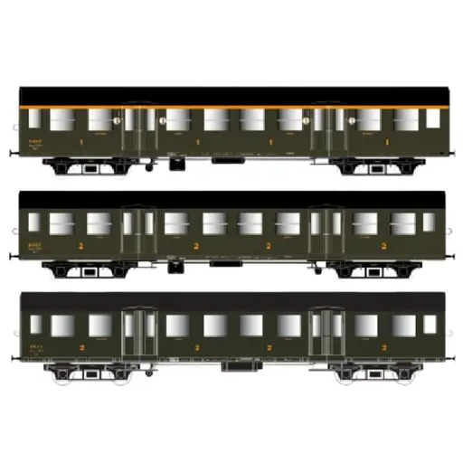 [EP41.33.09] Set de 3 Voitures Romilly - ATMYP+BTMYFP+BTMYP - Vert + Chassis Noir - SNCF - EP. III - EPM 41.33.09 - HO : 1/87